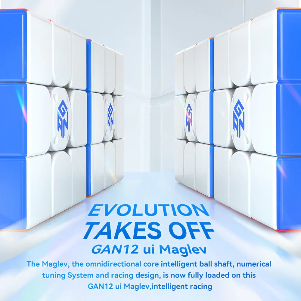 Two GAN12 ui Maglev white and blue magnetic speed cubes with text Evolution Takes Off in a clean, futuristic setting