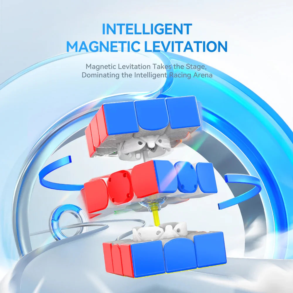 Exploded view of a red and blue magnetic levitation puzzle cube in a futuristic racing arena