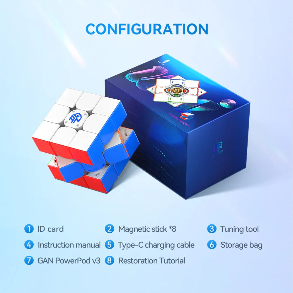 GAN Cube 12UI Maglev white speed cube with red and blue sides next to blue box and included accessories list