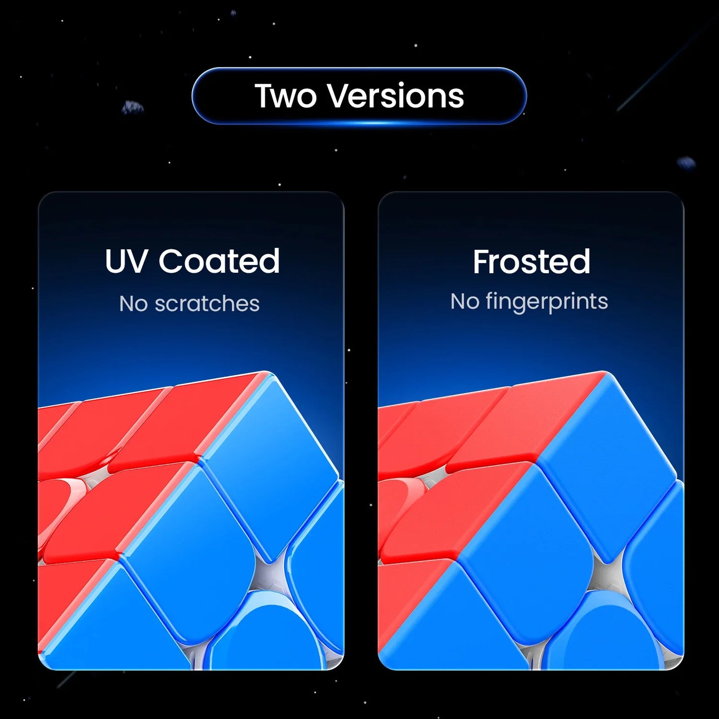 Comparison of two Rubik's cube surface finishes: UV coated no scratches and frosted no fingerprints