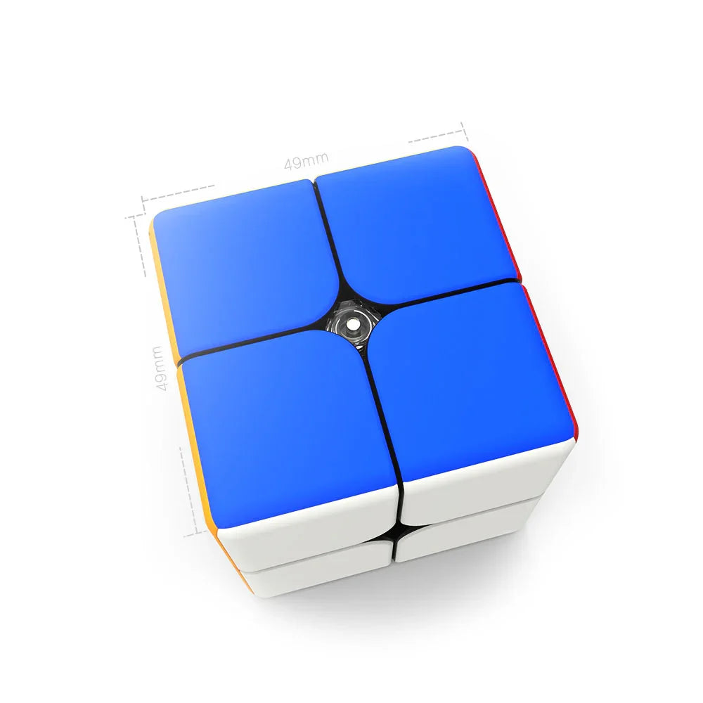 Close-up of a 2x2 speed cube puzzle with blue, white, red, and yellow sides measuring 49mm