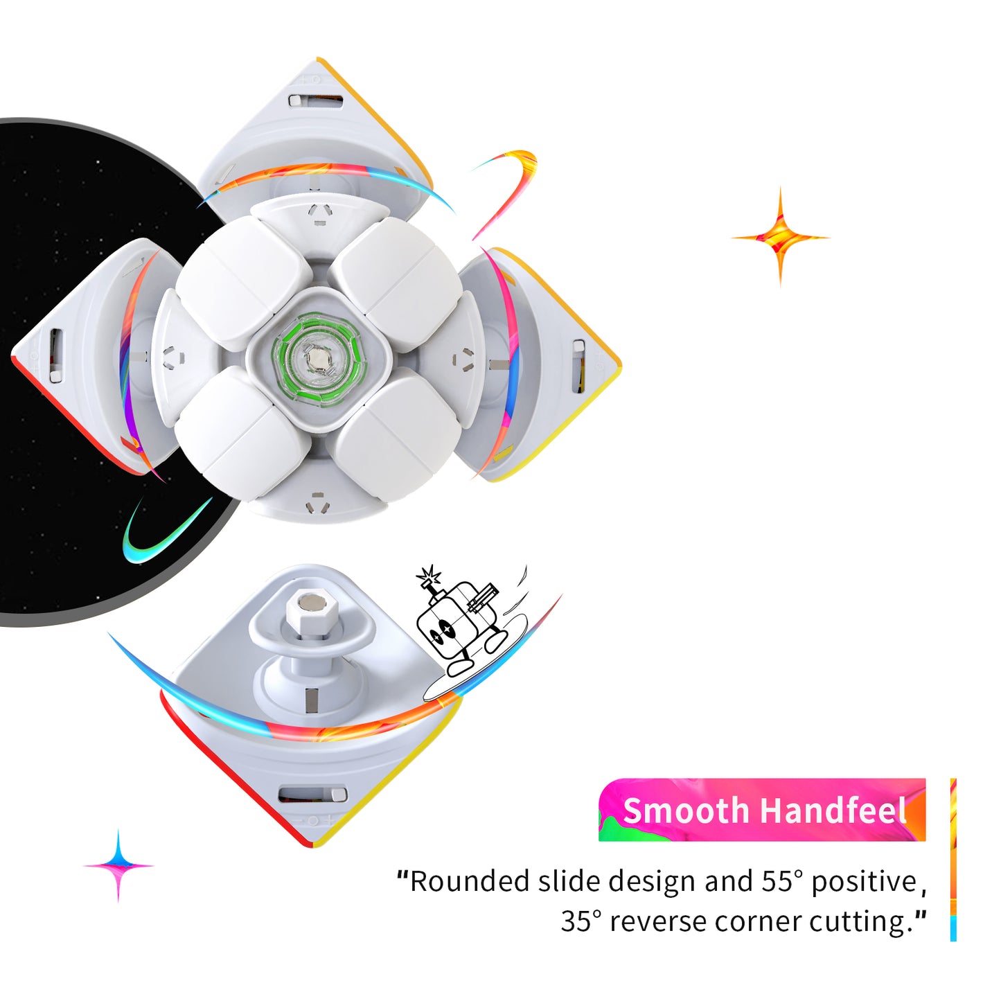 Close-up of white GanCube 251M Pro puzzle pieces with rounded slide design and colorful corner cutting graphics