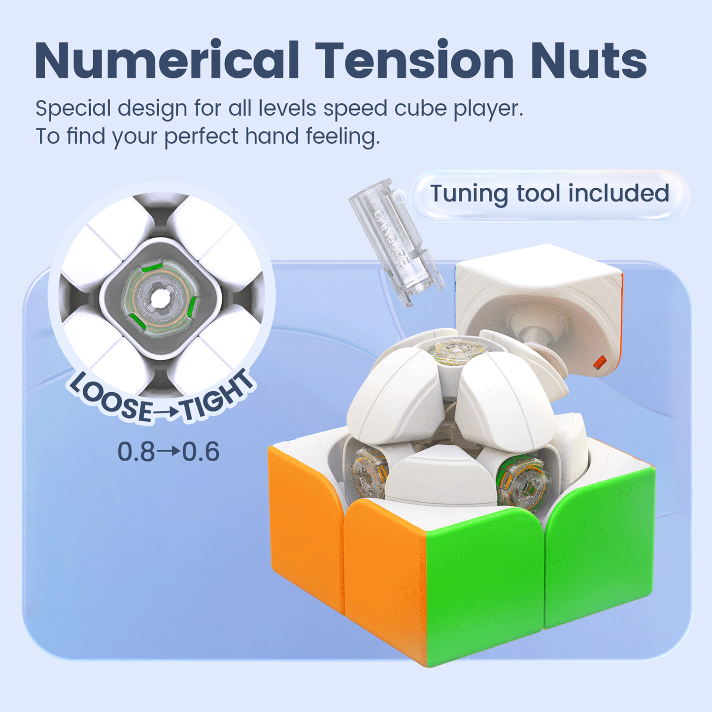 Disassembled GanCube 251 V2 speed cube showing numerical tension nuts and included tuning tool