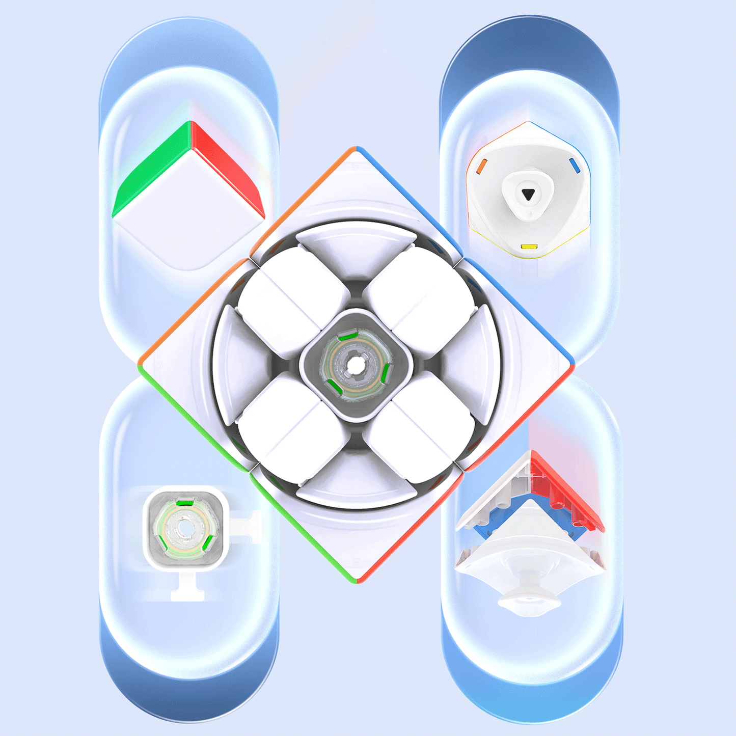 Disassembled 2x2 speed cube parts showing internal mechanism and colorful cube pieces