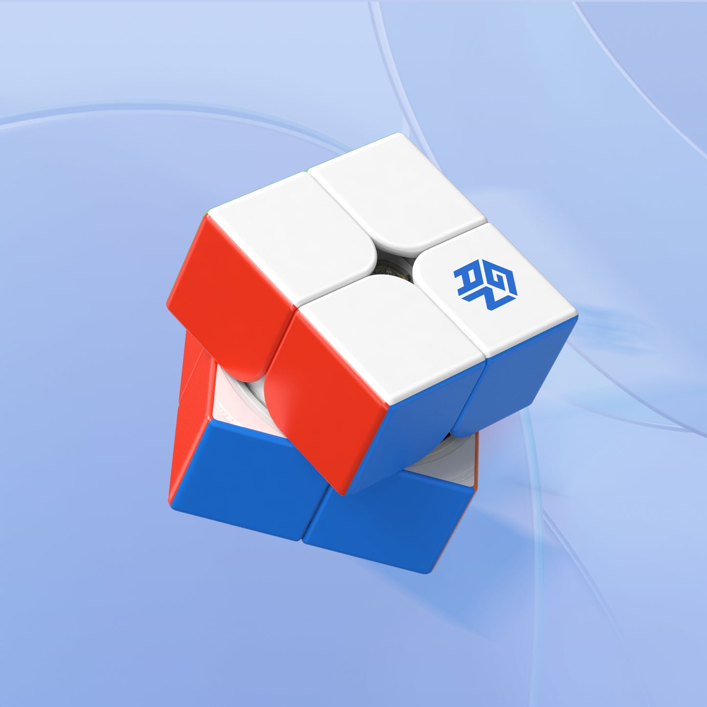 GanCube 2x2 speed cube with white, red, and blue tiles on light blue background