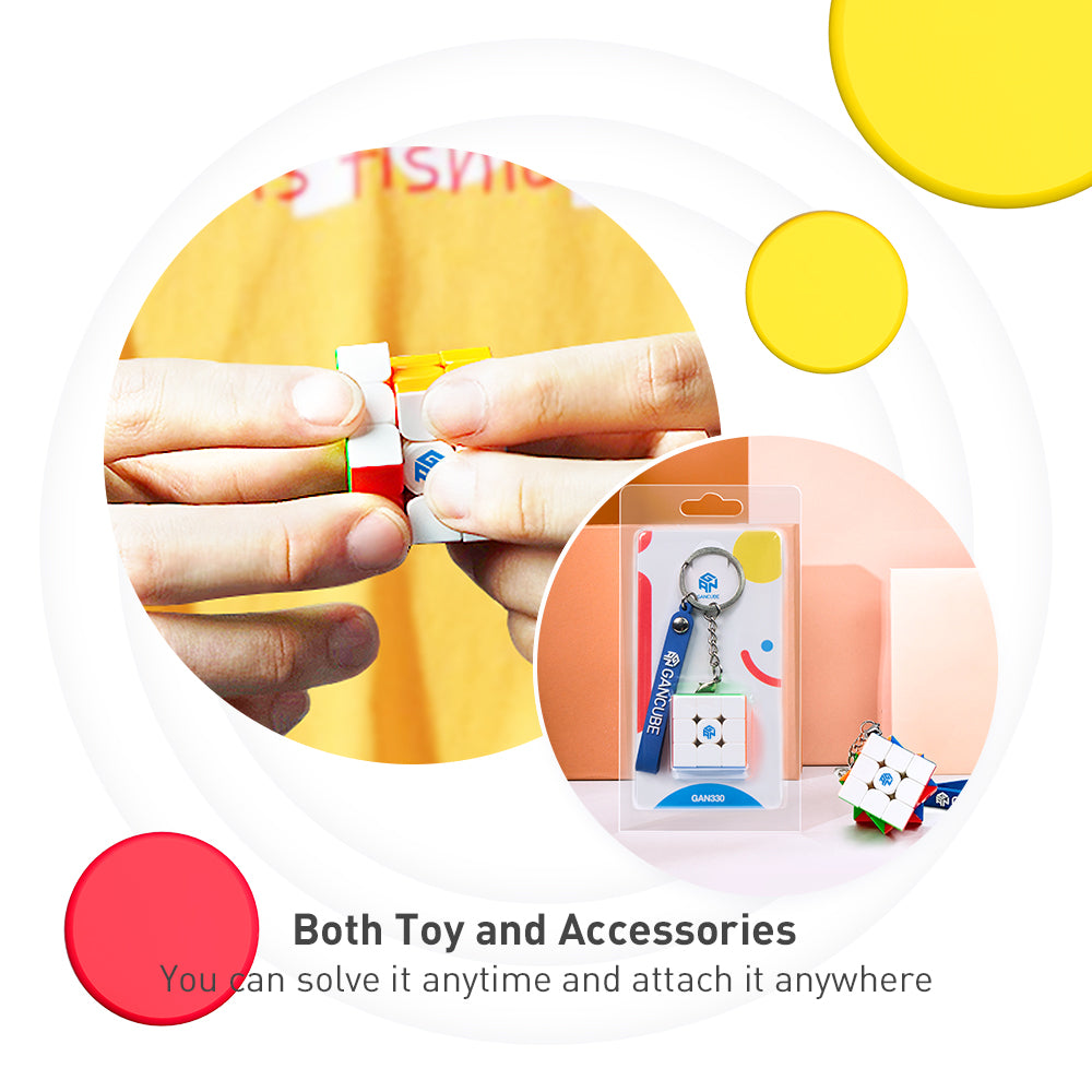 Hands solving a GAN Cube 3x3 with close-up of GAN Cube 3x3 keychain accessory in packaging