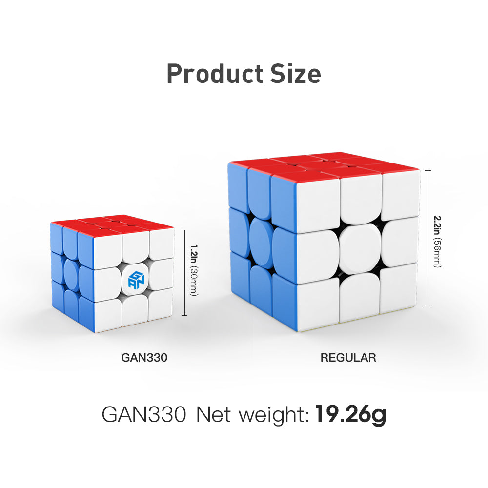 Comparison of GAN330 and regular 3x3 speed cubes showing size difference and GAN330 weight 19.26g