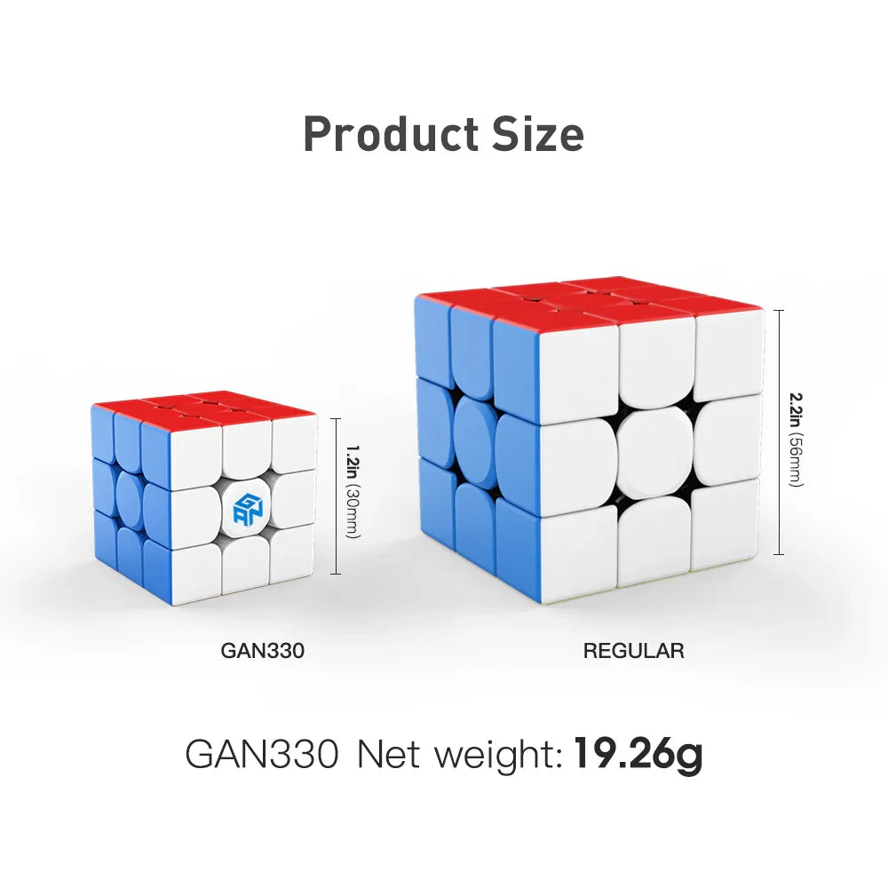 Comparison of GAN330 and regular 3x3 speed cubes showing size difference and GAN330 weight 19.26g
