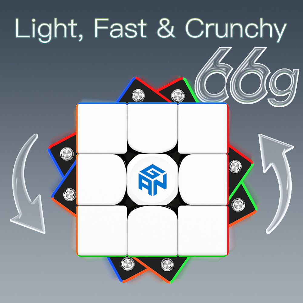 GAN 356 Air M 3x3 speed cube showing internal screws and lightweight 66g design on gray background
