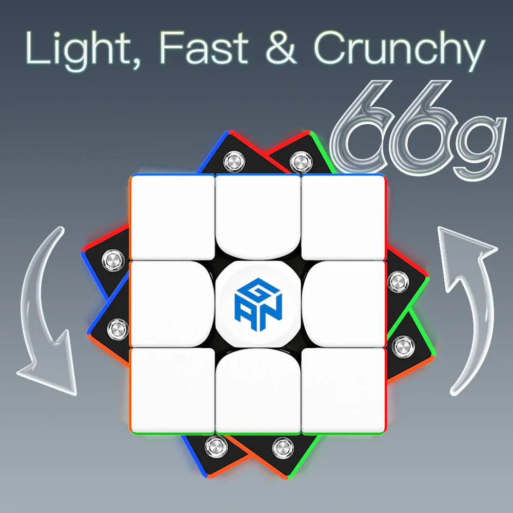 GAN 356 Air M 3x3 speed cube showing internal screws and lightweight 66g design on gray background