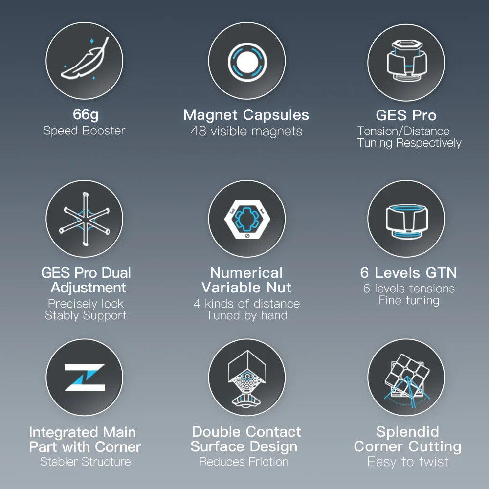 Infographic highlighting Gancube 356 Air M features like 66g speed, magnet capsules, GES Pro tuning