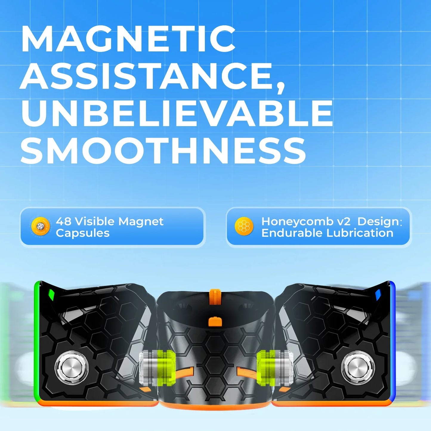 Close-up of GanCube 356M magnetic Rubik's Cube with honeycomb design and visible magnet capsules