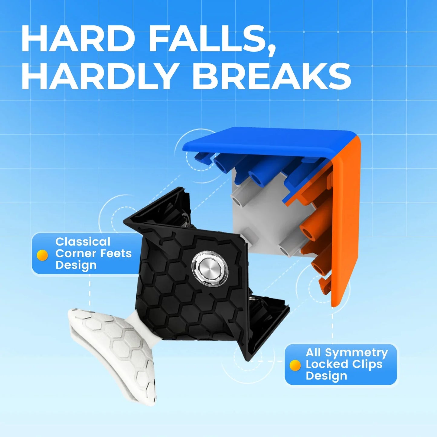 Exploded view of a durable Gancube 356M puzzle cube showing corner feet and locked clips design