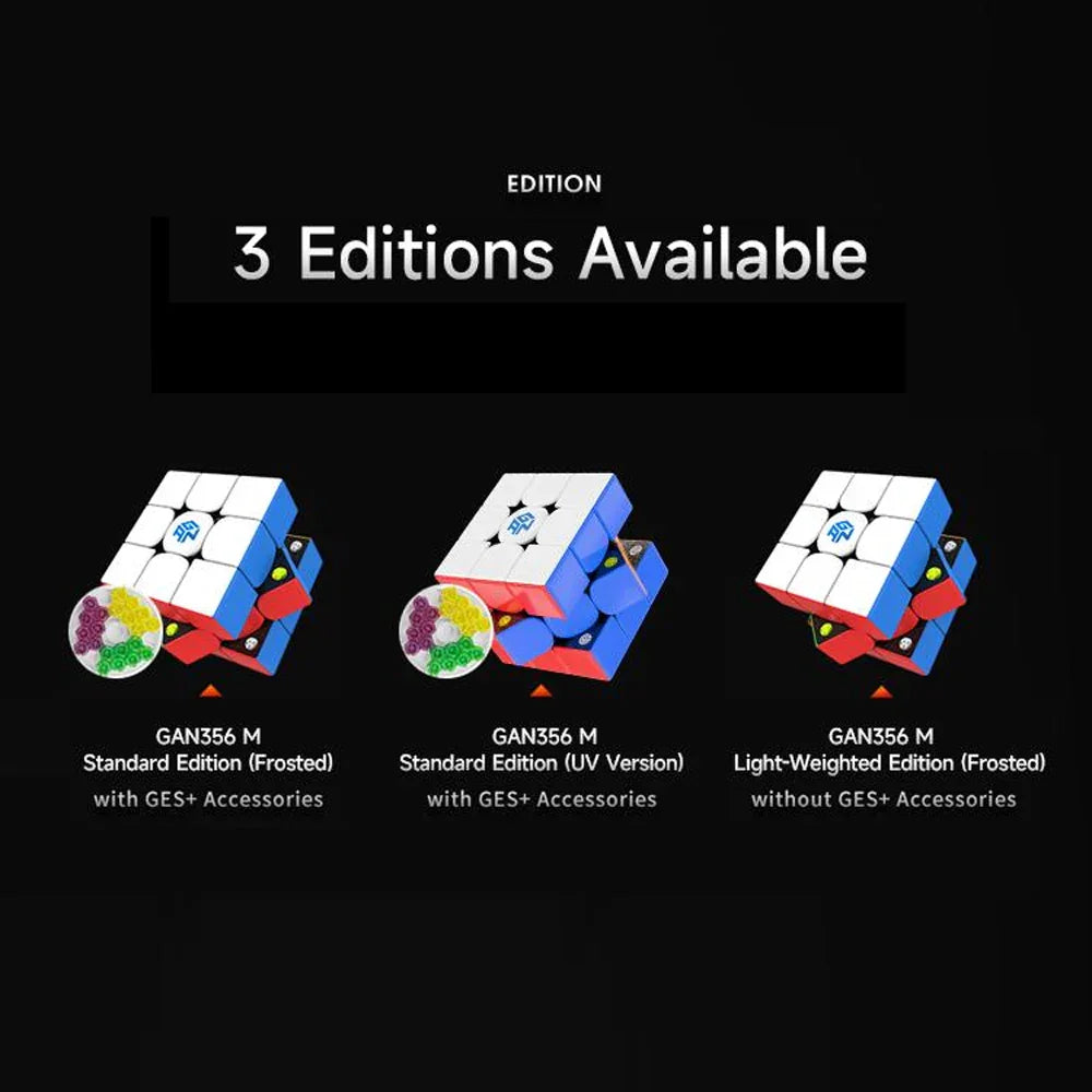 Three GAN356 M Rubik's Cube editions displayed with GES+ accessories and frosted or UV standard versions