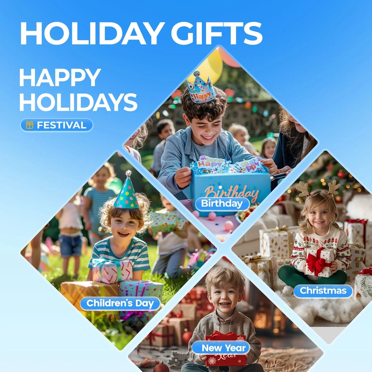 Holiday gifts collage featuring children celebrating Birthday, Children's Day, Christmas, and New Year with presents