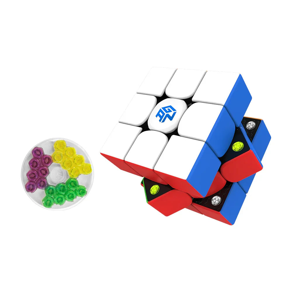 GAN356 M Frosted 3x3 speed cube with adjustable tension screws and colorful springs on white background