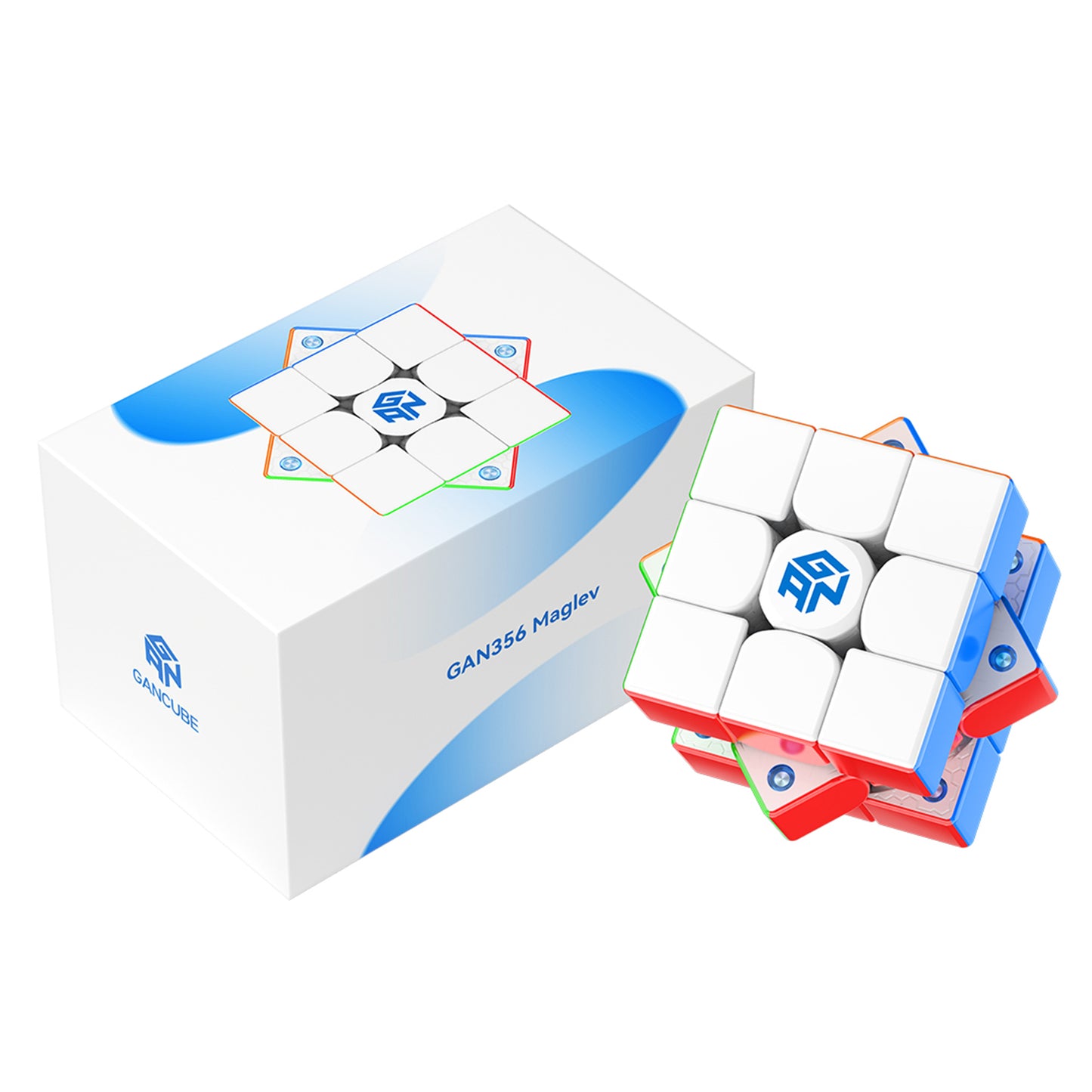 GAN356 Maglev speed cube with white stickers and colorful edges beside its branded white and blue box
