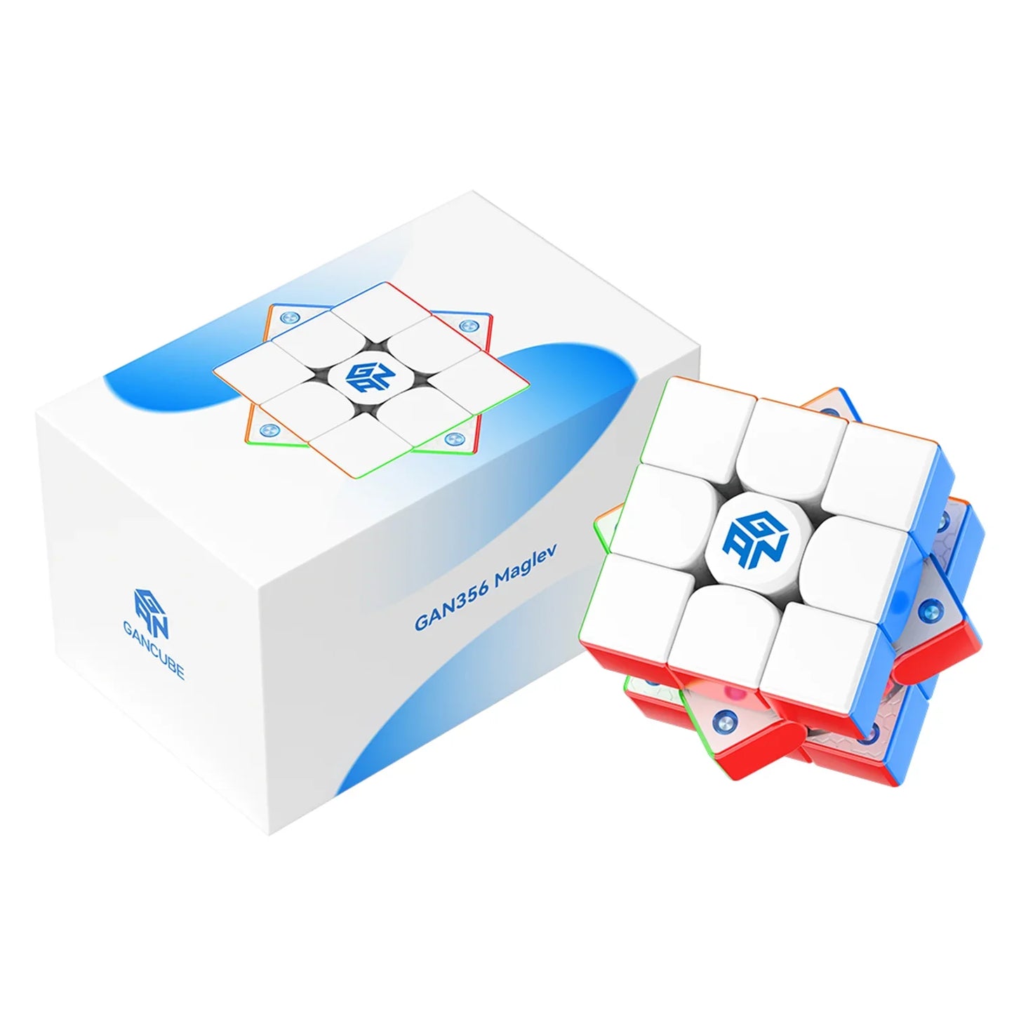 GAN356 Maglev speed cube with white stickers and colorful edges beside its branded white and blue box