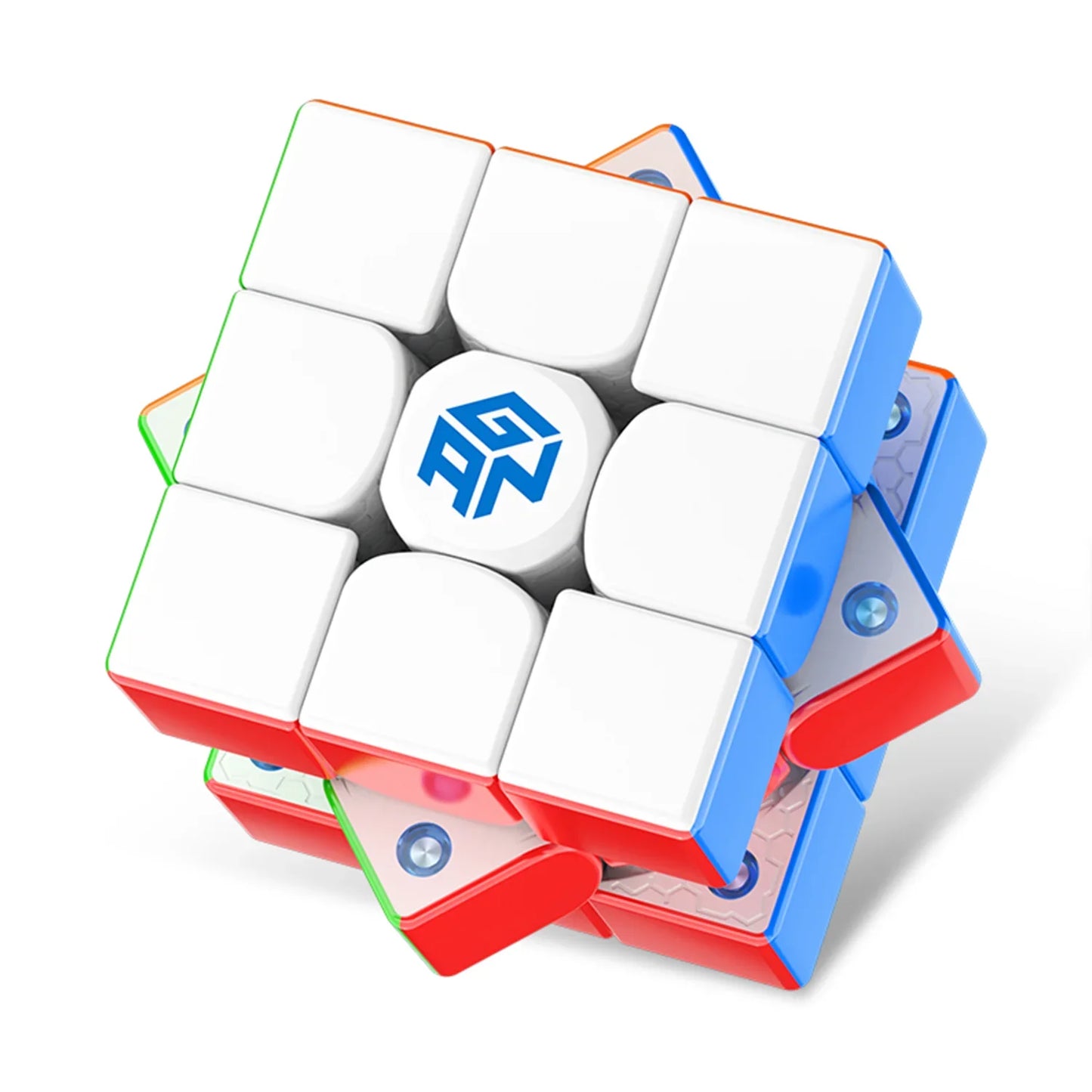 GAN 356 Maglev 3x3 speed cube showing white face with rounded tiles and internal magnet mechanism