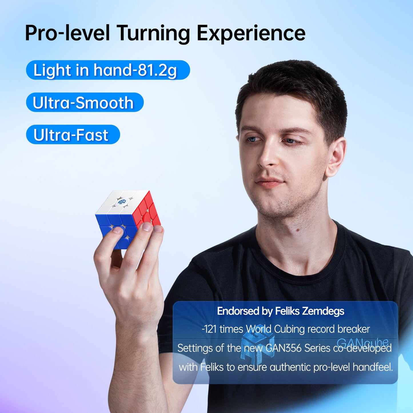 GAN356 Maglev speed cube held by man, showcasing smooth, lightweight design for pro-level cubing