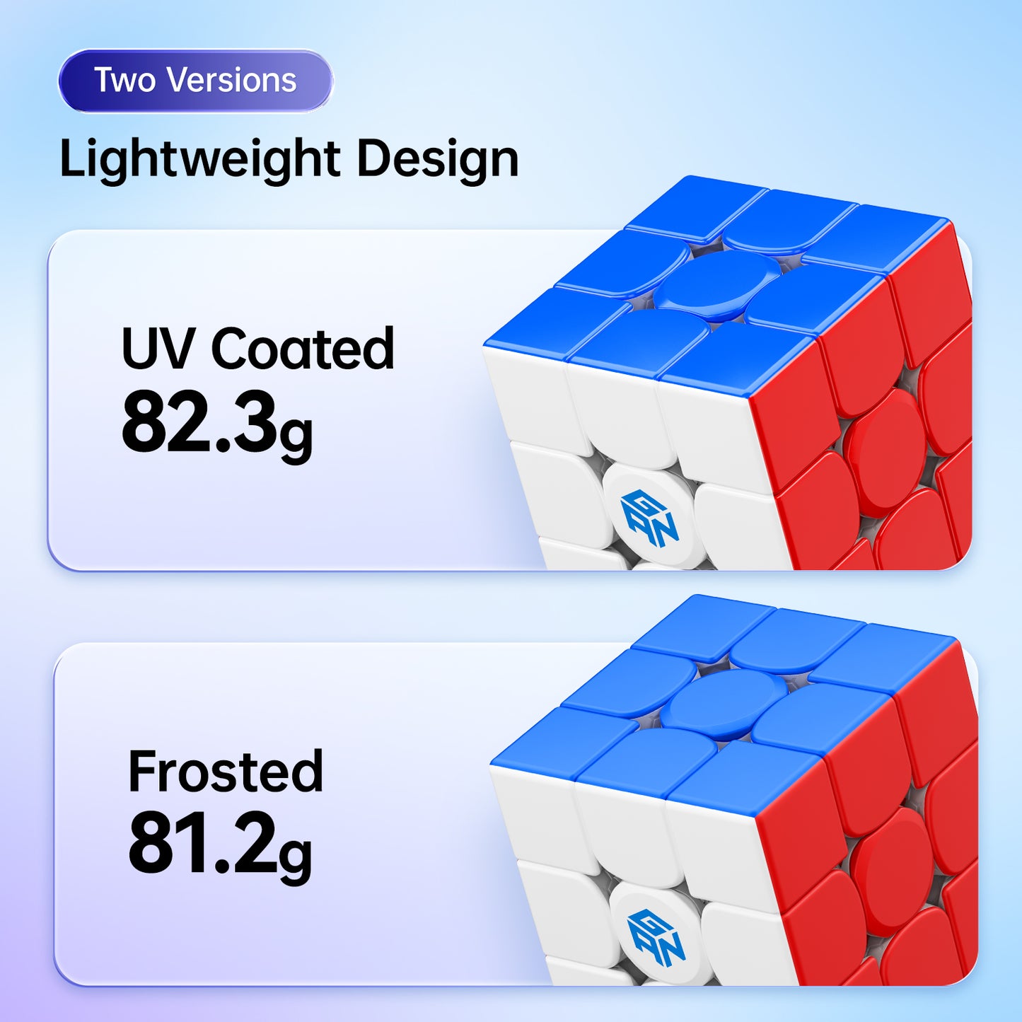 Comparison of two GAN 3x3 magnetic cubes: UV coated weighing 82.3g and frosted weighing 81.2g with lightweight design