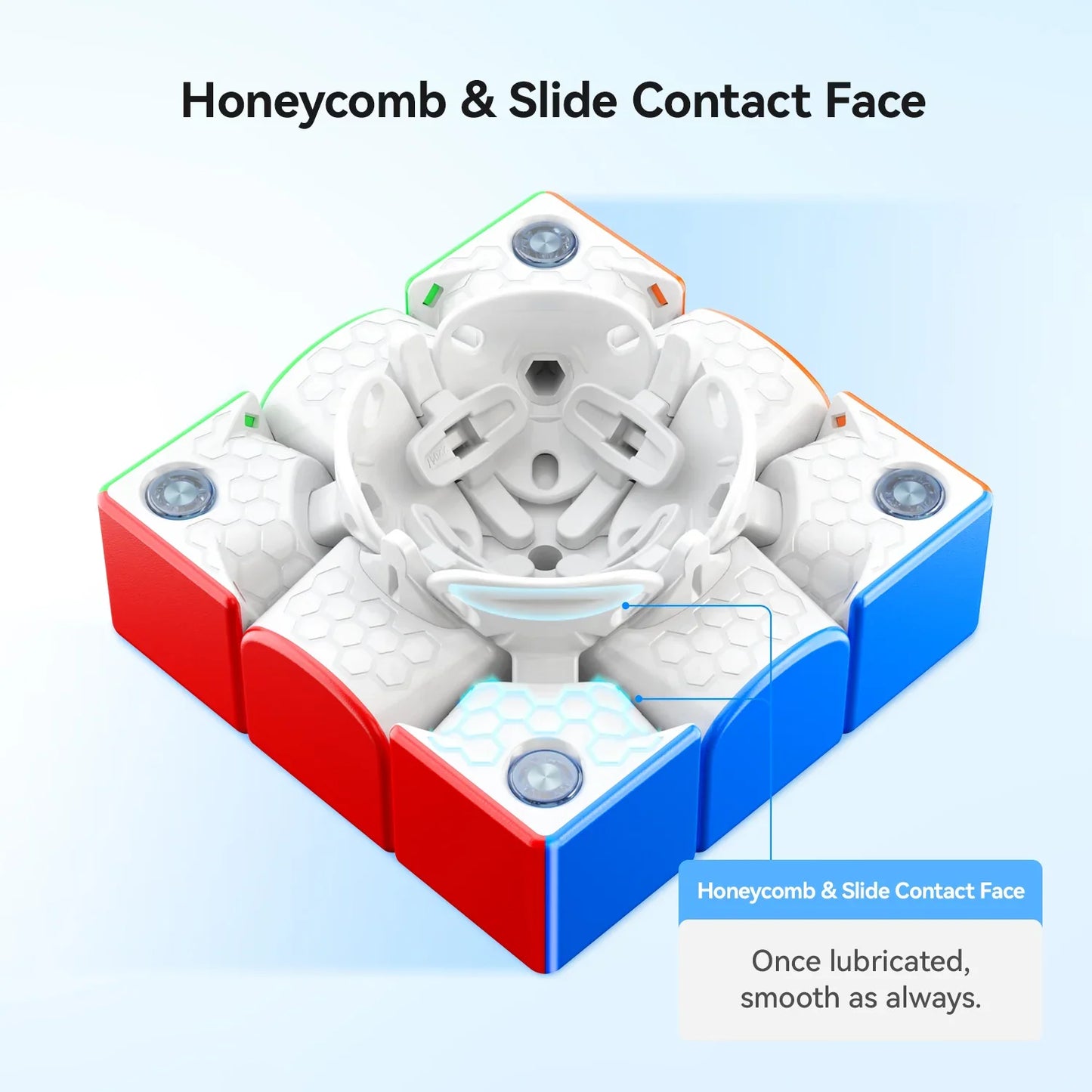 Close-up of a Gancube 356ME Rubik's Cube showcasing honeycomb and slide contact face design for smooth rotation