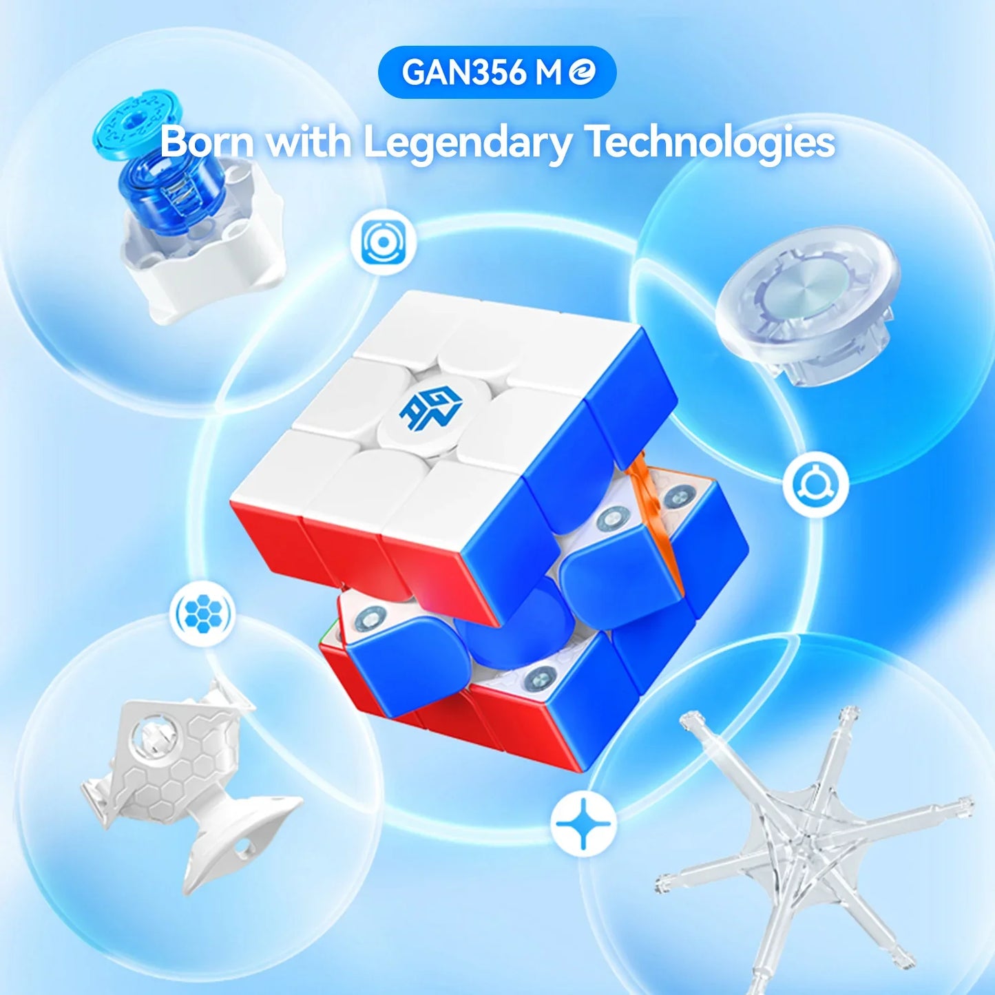 GAN356 M magnetic 3x3 speed cube with highlighted internal technology components on blue background