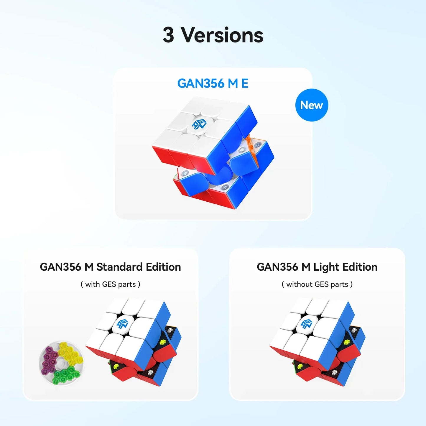 Three versions of GAN356 M Rubik's Cube with visible internal mechanisms and GES parts shown