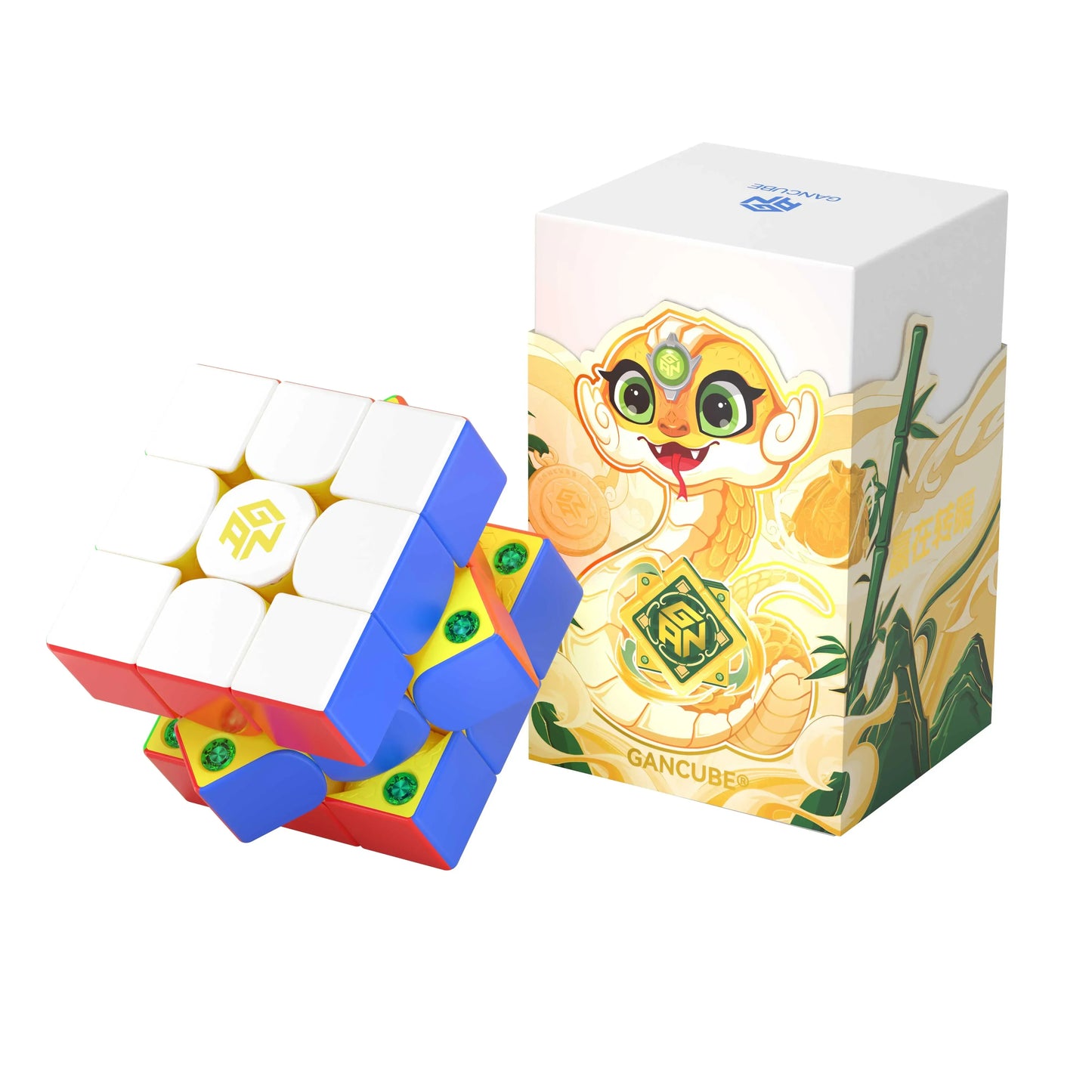 GAN356 M Pro magnetic speed cube with white, blue, red sides and gold logo next to colorful illustrated box