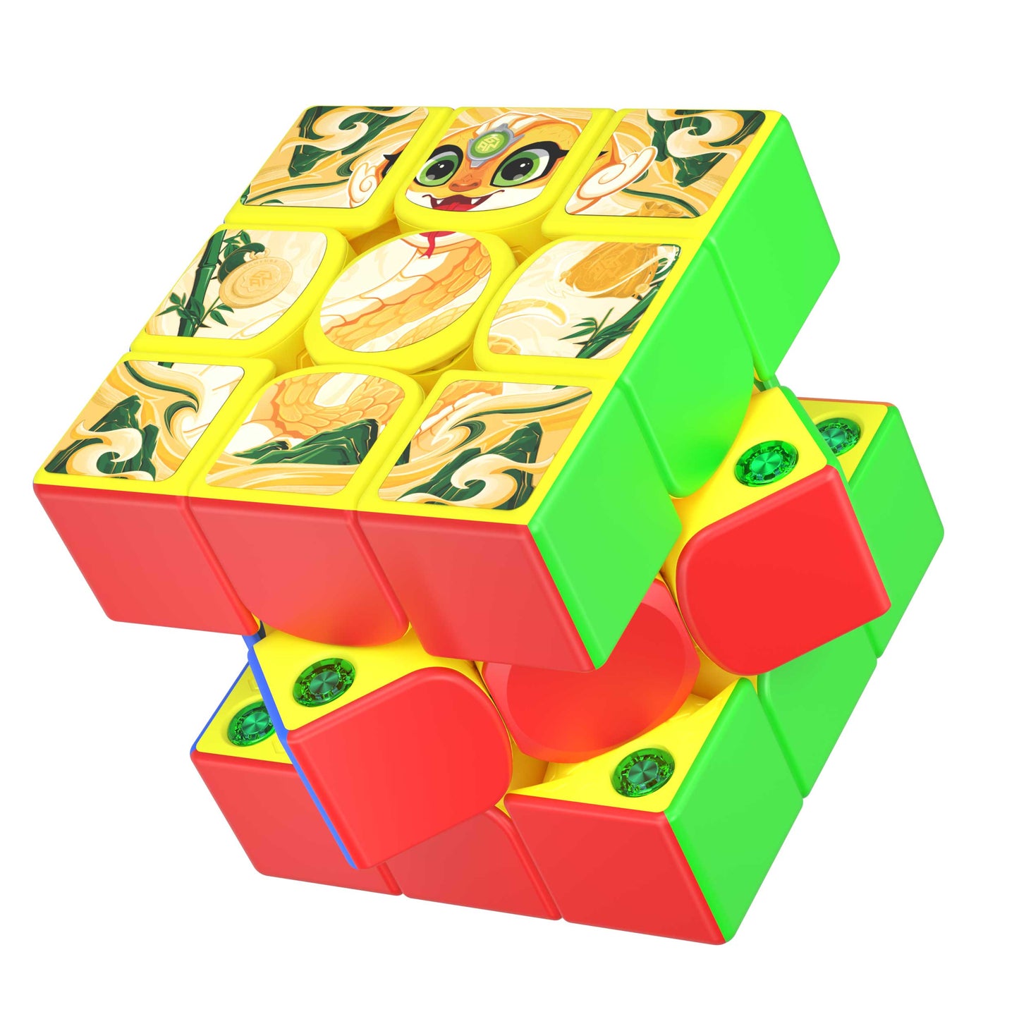 GANCube 356ME Golden New Year Edition Rubik's cube with artistic yellow dragon and green symbols on yellow face