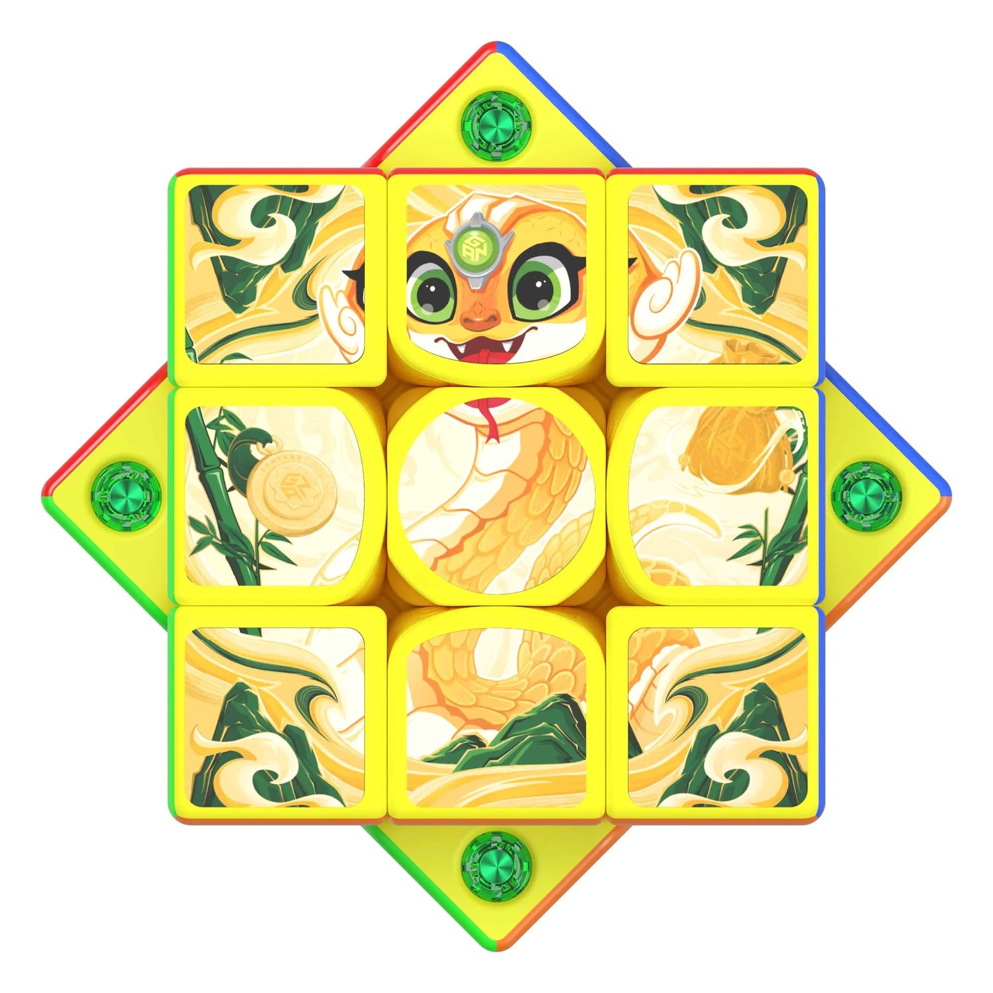 Golden edition Gancube 356ME puzzle with dragon and mountain design on yellow cubes