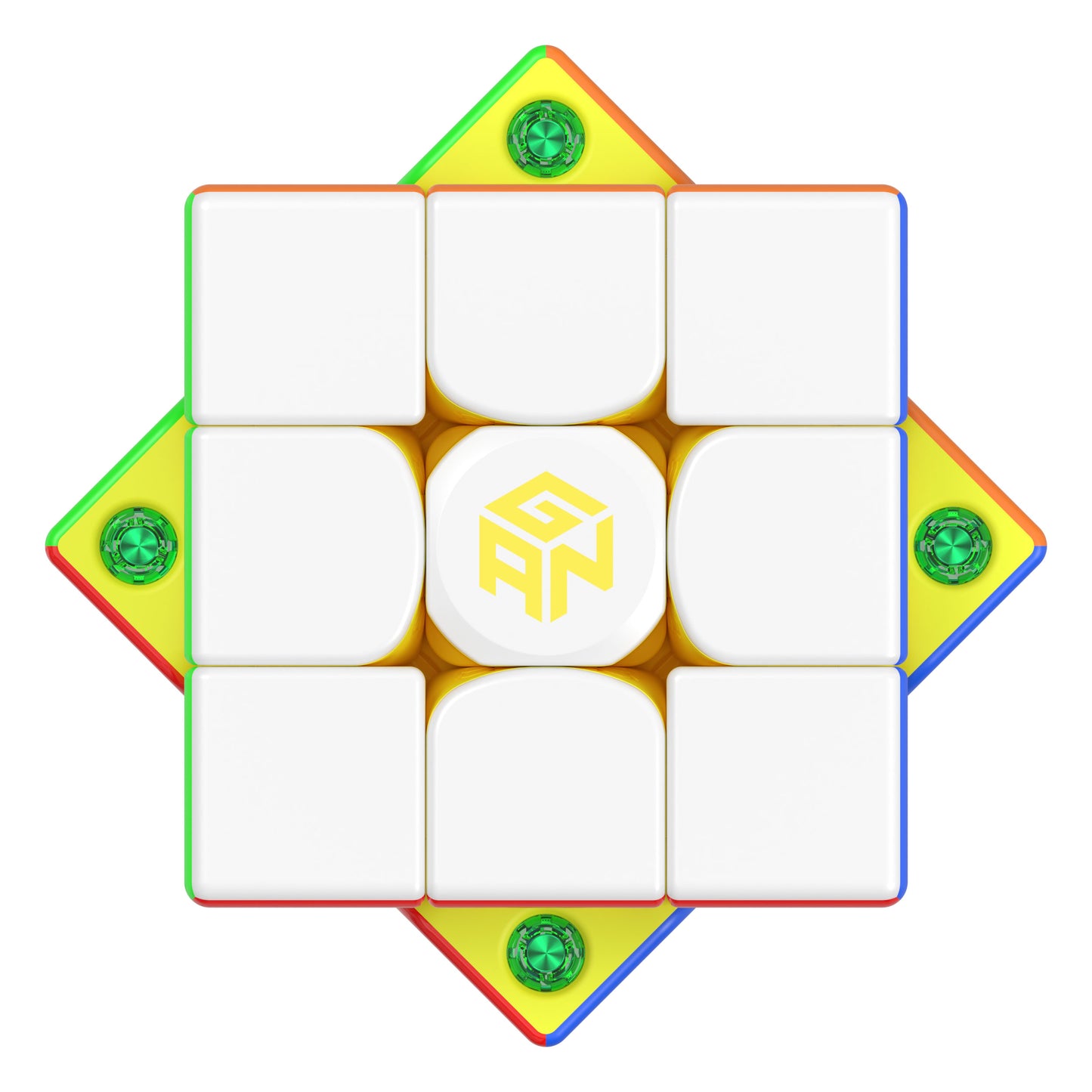 Top view of a GAN Cube 356M speedcube with white tiles and a yellow star-shaped base featuring green screws