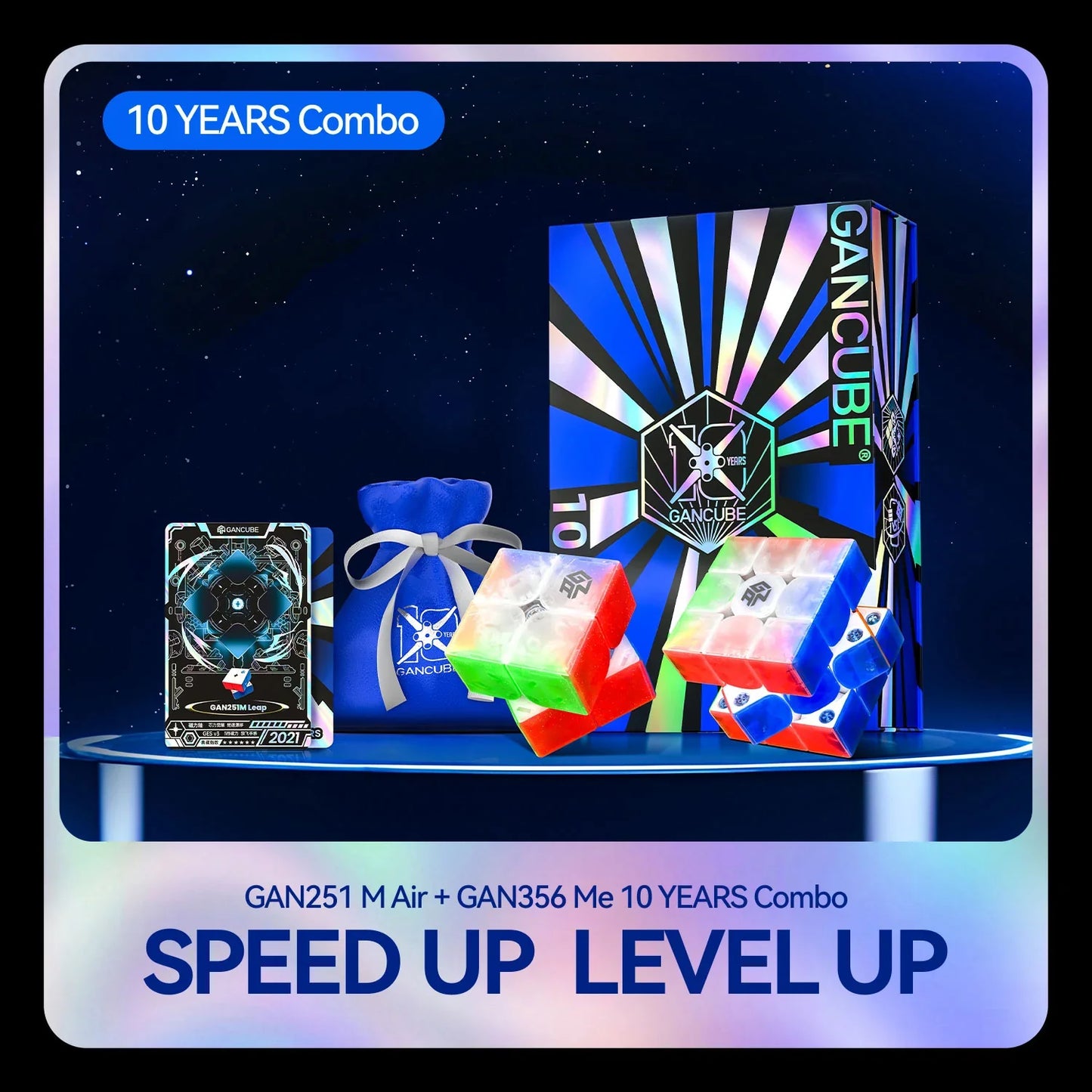 GAN Cube 10 Years Combo set with GAN251 M Air and GAN356 Me speed cubes, branded box and pouch