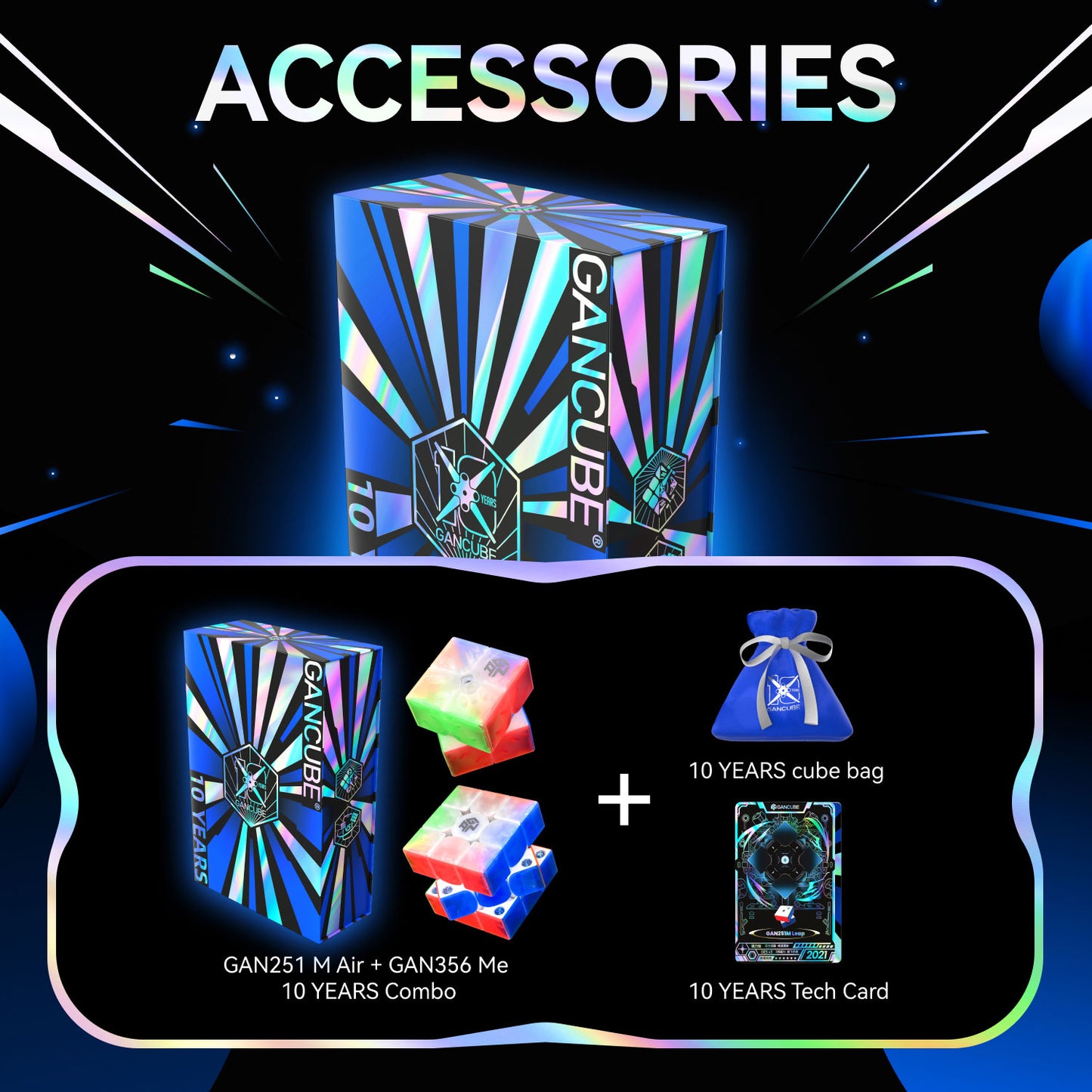 GAN cube 10 years combo set with GAN251 M Air, GAN356 Me, blue cube bag, and tech card