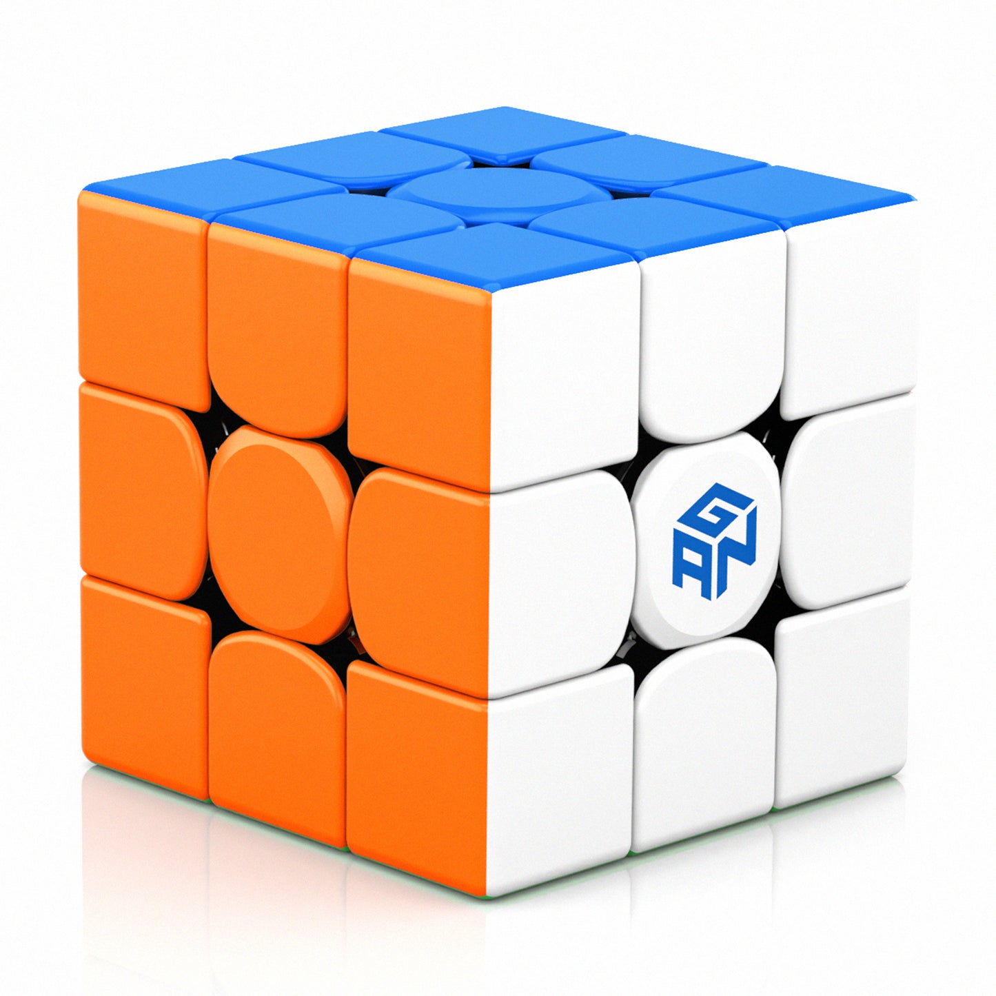 GAN Cube 356 RS smooth speed cube with blue, orange, and white plastic pieces and logo center