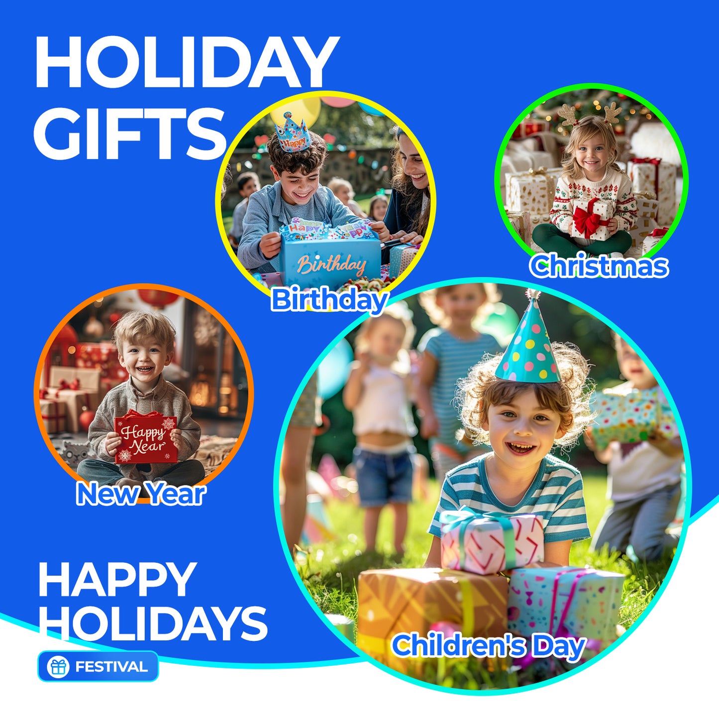 Holiday gifts for Birthday, Christmas, New Year, and Children's Day with kids opening presents