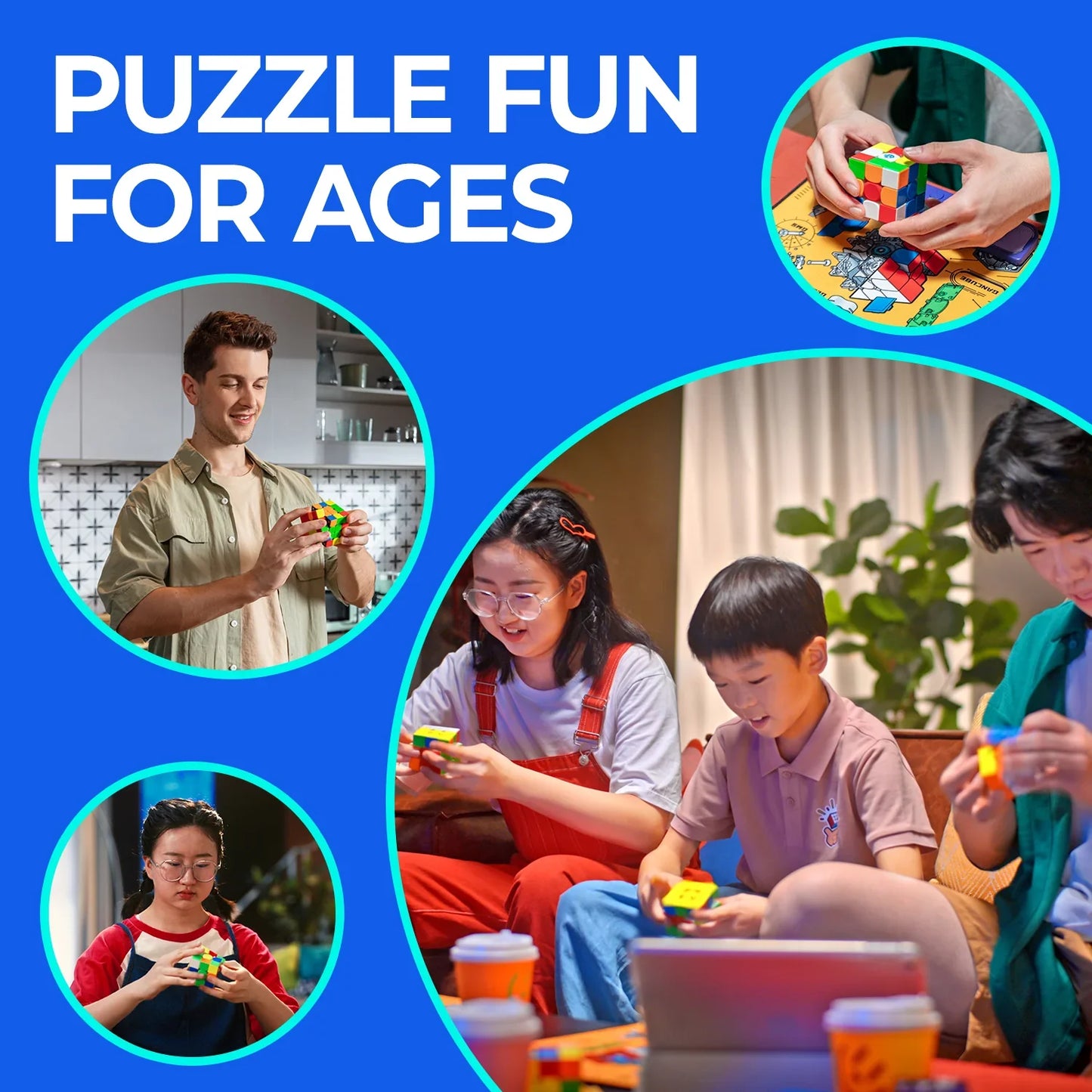 Diverse people of different ages enjoying solving colorful Rubik's cubes, promoting puzzle fun for all ages