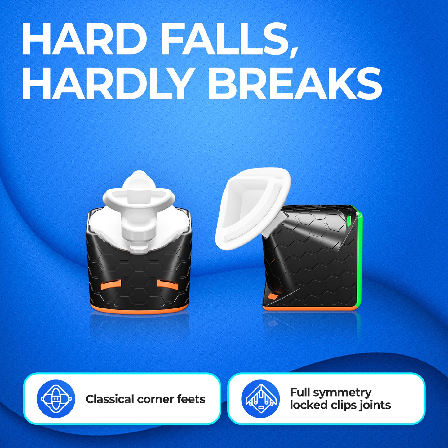 Black and white durable cube corner parts with orange and green accents on blue background, showcasing classical corner feets and locked clip joints