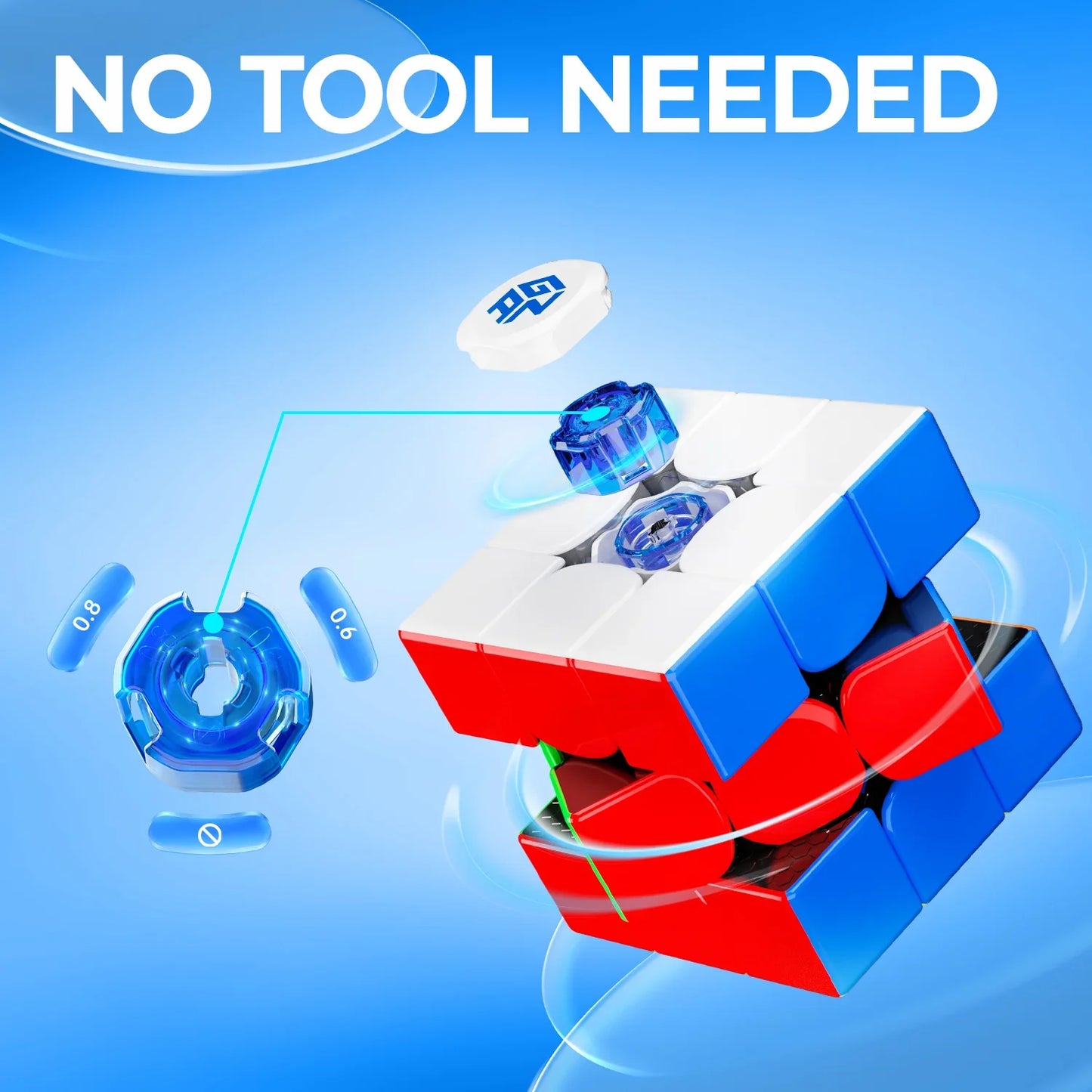 3x3 speed cube with adjustable magnetic tension system, no tools needed, blue and red colors