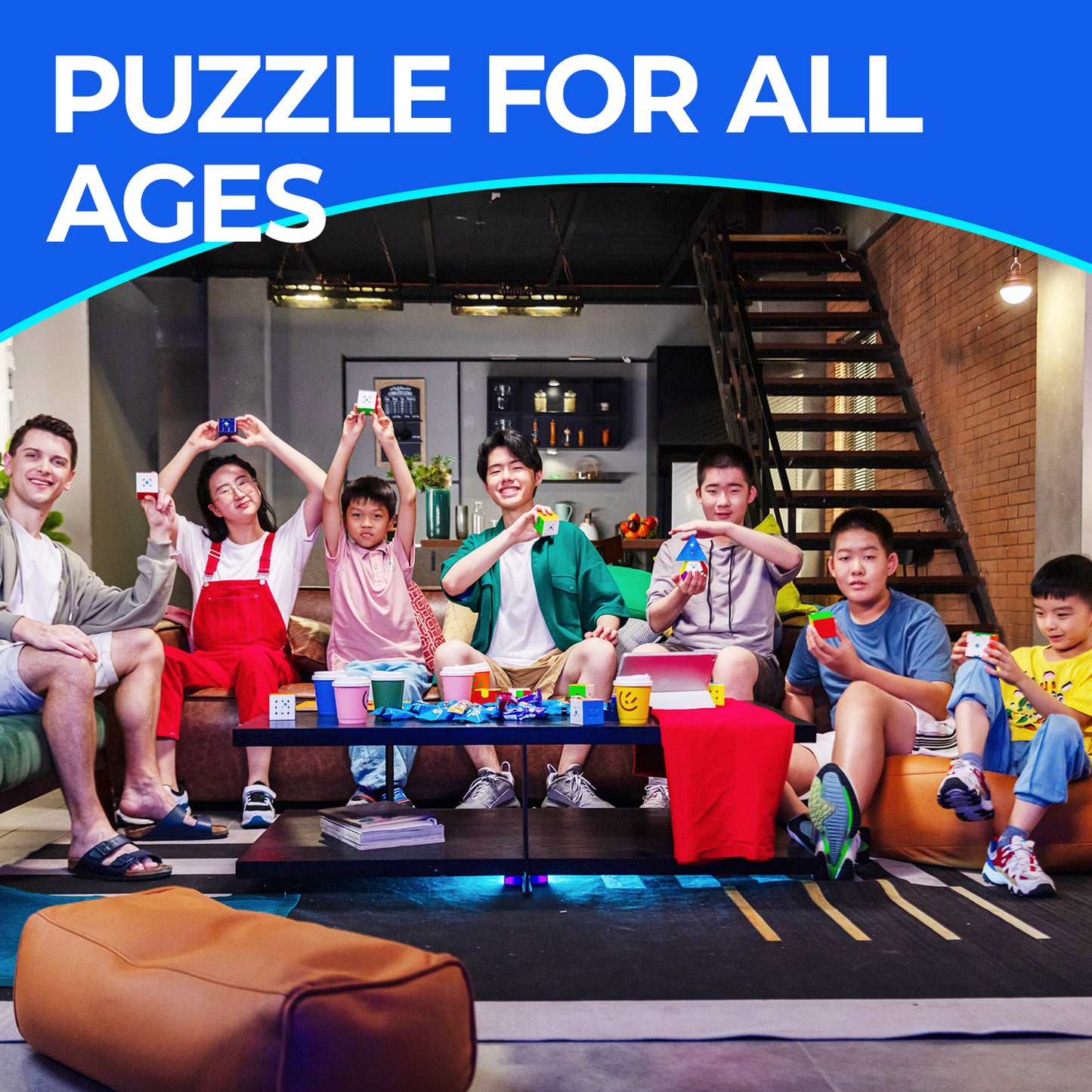 Group of diverse kids and teens holding colorful puzzle cubes in a bright living room setting