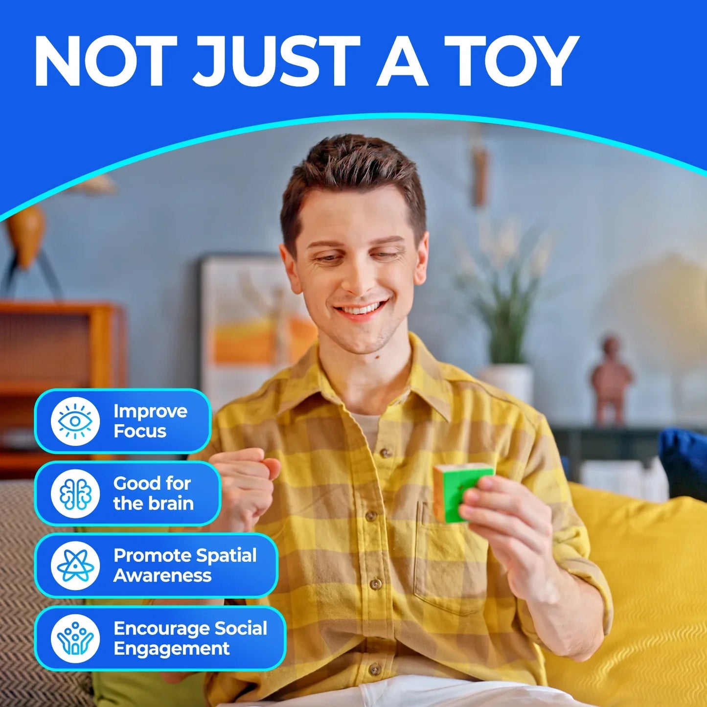 Smiling man solving a puzzle cube indoors with text promoting cognitive benefits and social engagement