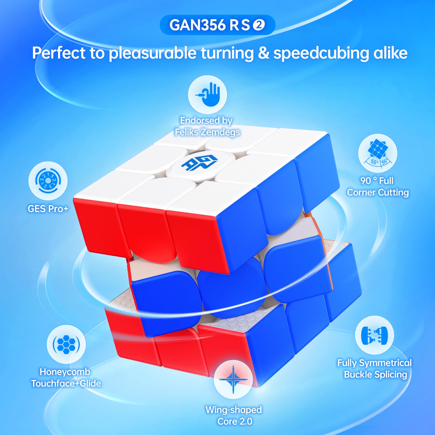 GAN356 RS2 speedcube showcasing honeycomb surface, wing-shaped core, full corner cutting feature