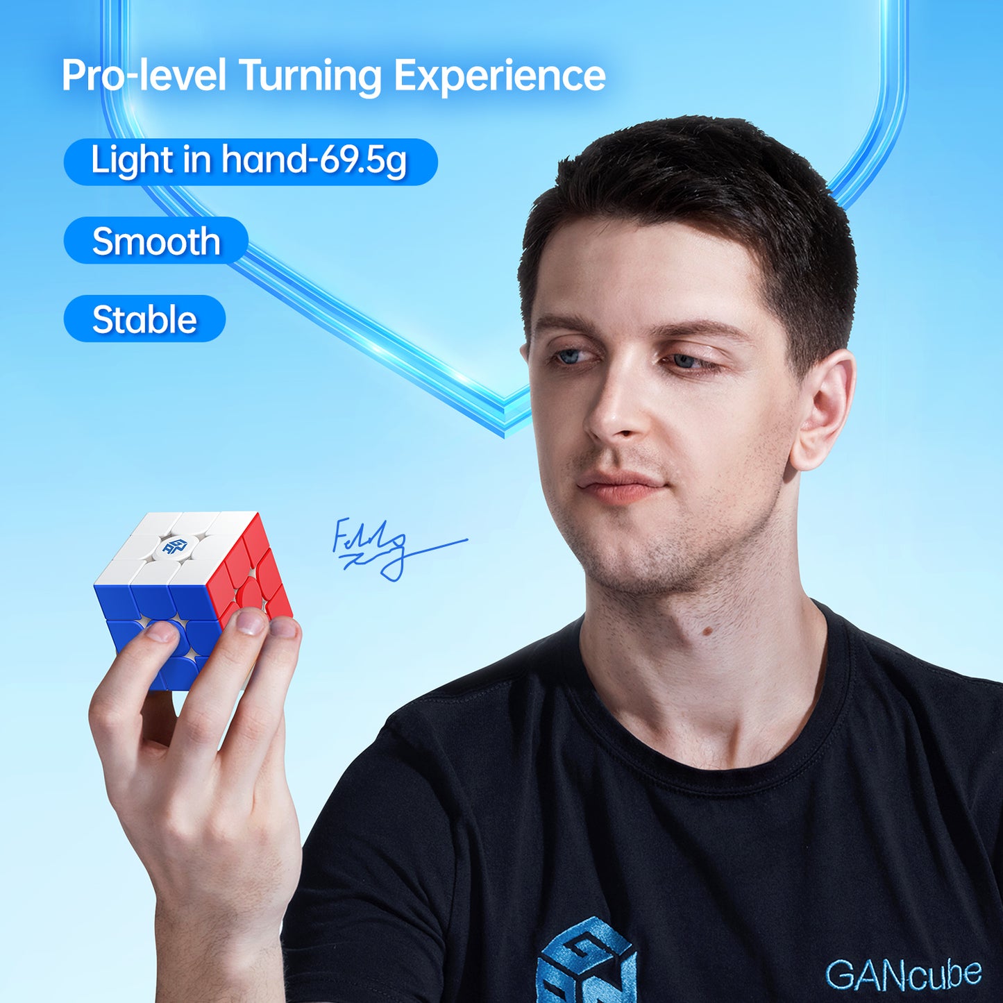 Man holding GAN Cube 356 RS2 3x3 speed cube with blue background and pro-level turning text