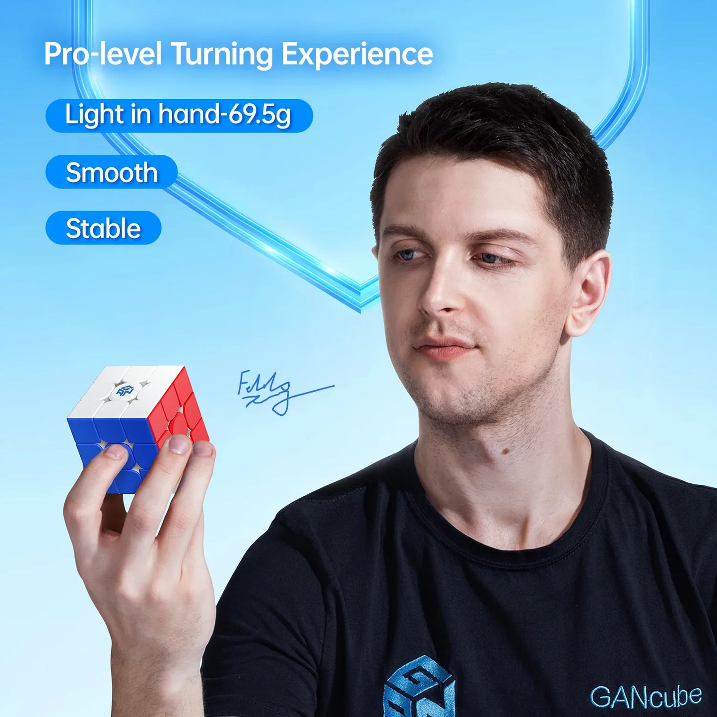 Man holding GAN Cube 356 RS2 3x3 speed cube with blue background and pro-level turning text
