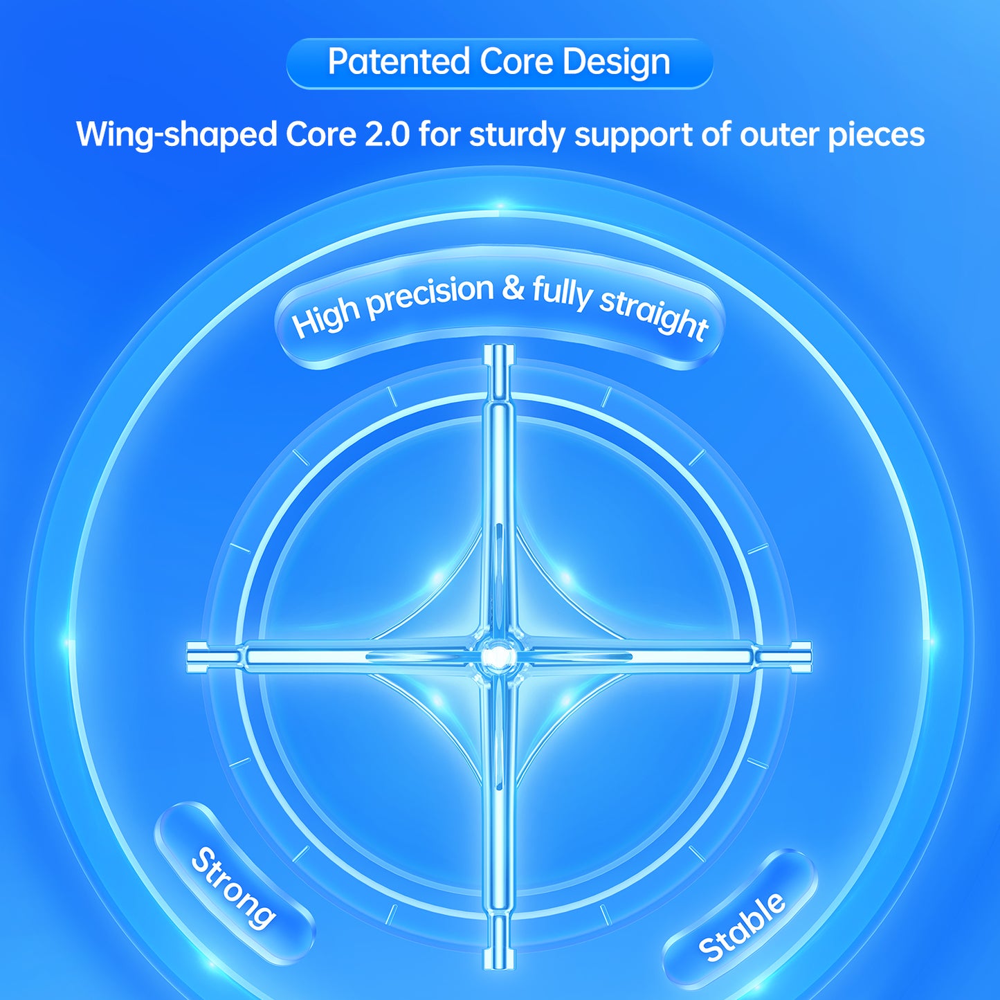 Blue digital diagram of a patented wing-shaped Core 2.0 design with high precision and stability
