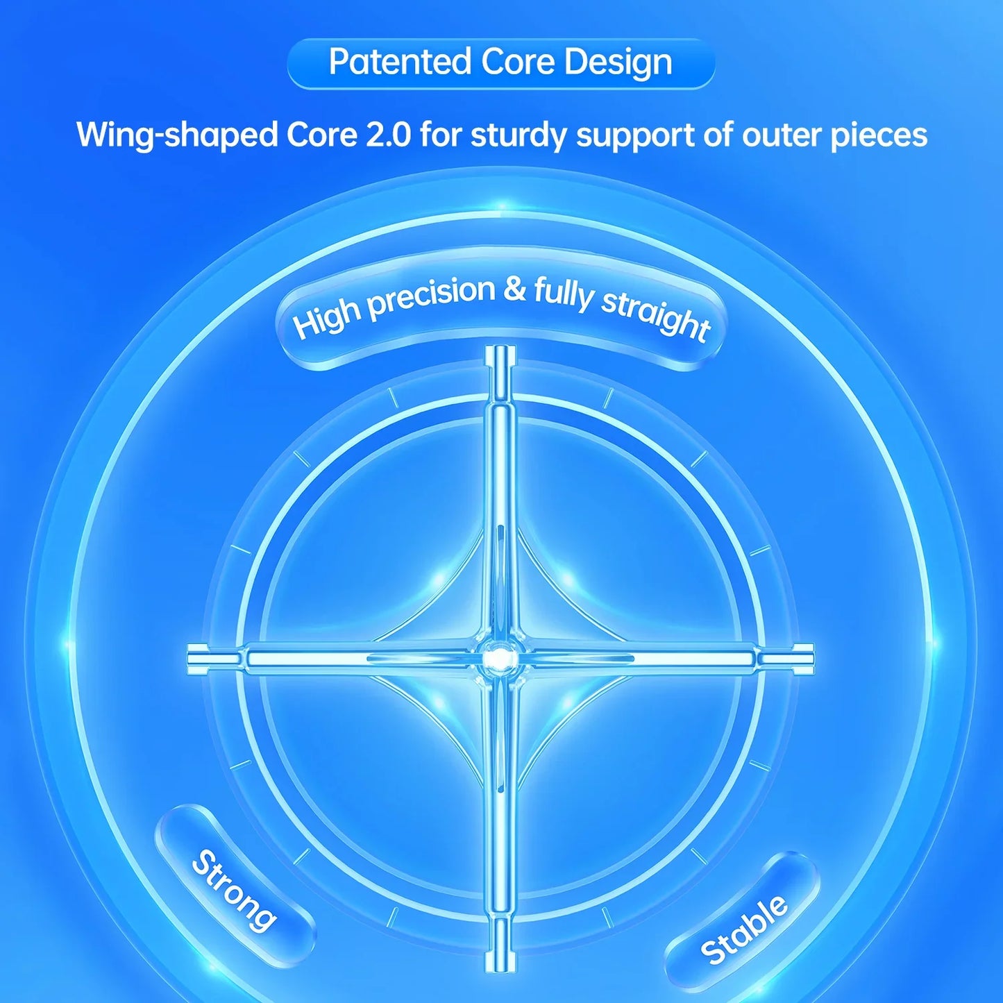 Blue digital diagram of a patented wing-shaped Core 2.0 design with high precision and stability