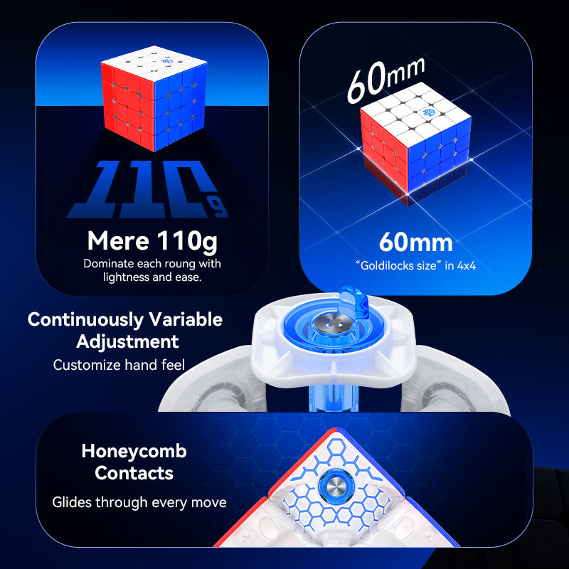 Gancube 4x4 puzzle cube with 110g weight, 60mm size, adjustable tension, and honeycomb contacts
