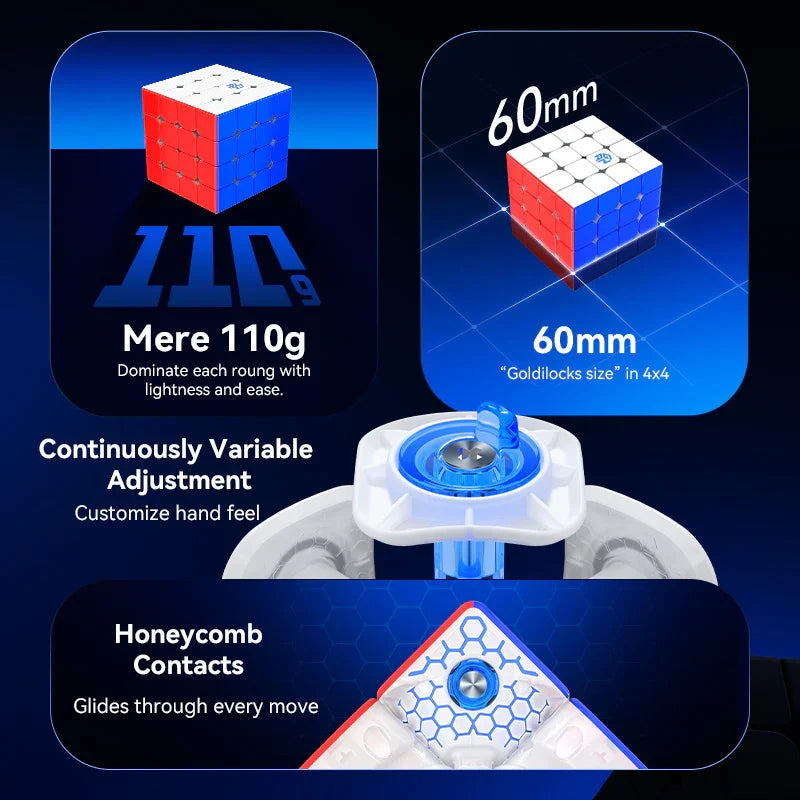 Gancube 4x4 puzzle cube with 110g weight, 60mm size, adjustable tension, and honeycomb contacts