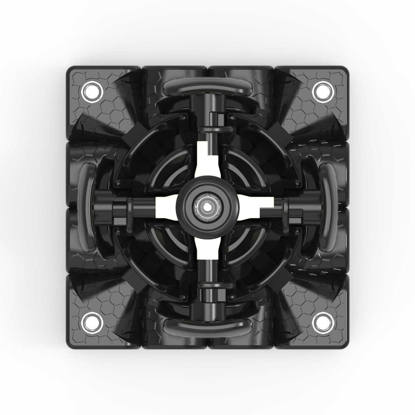 Top view of black GAN Cube magic cube mechanism with honeycomb textured pieces