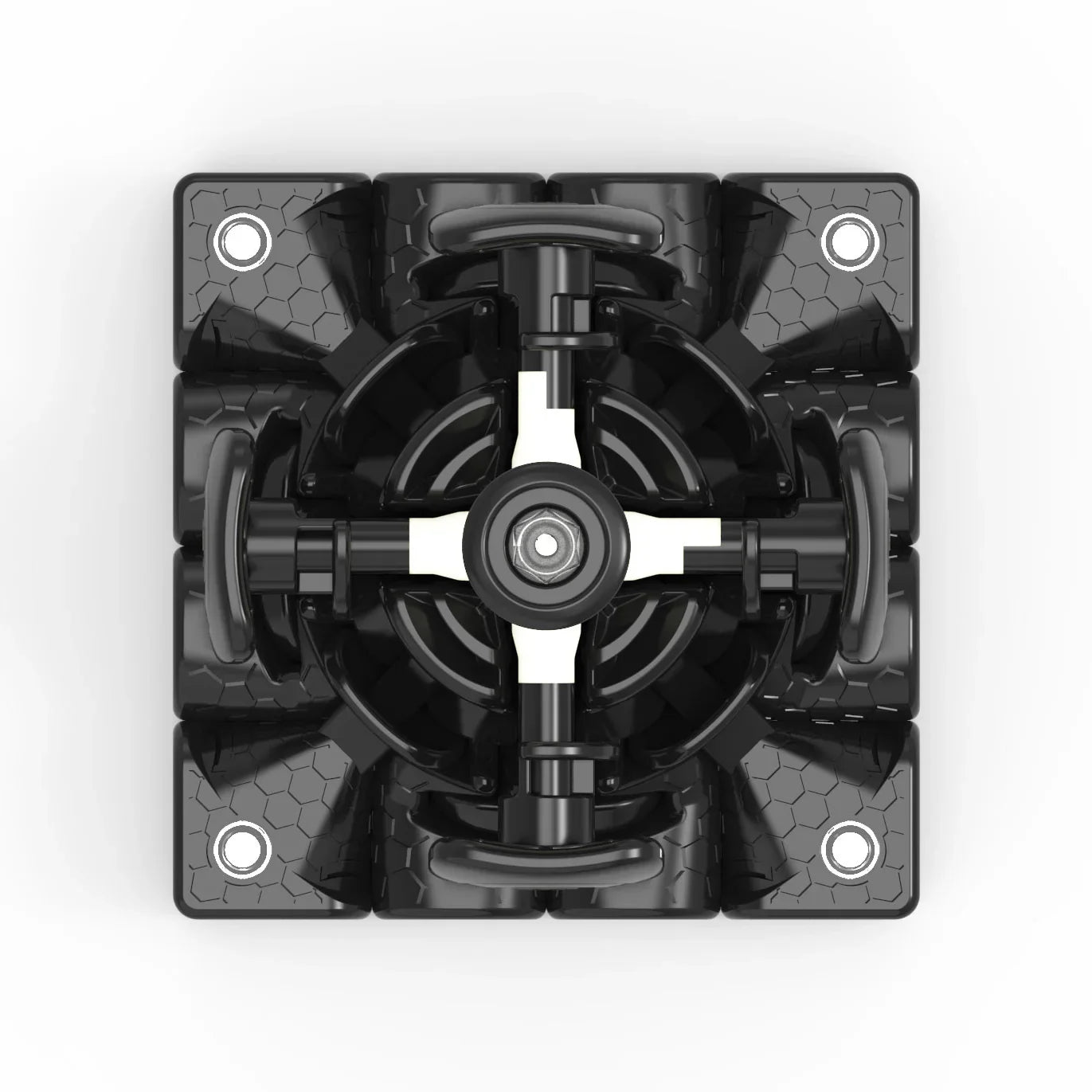 Top view of black GAN Cube magic cube mechanism with honeycomb textured pieces